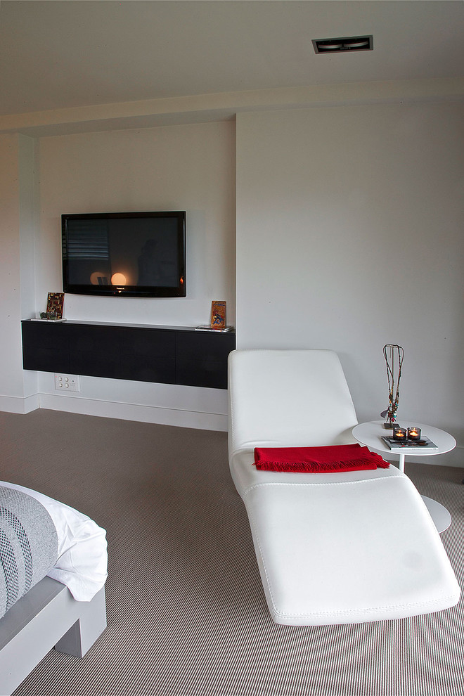 Diseño de dormitorio principal minimalista grande sin chimenea con paredes blancas y suelo de madera clara