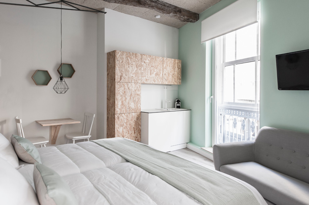 Mittelgroßes Nordisches Schlafzimmer ohne Kamin, im Loft-Style mit bunten Wänden in Sonstige