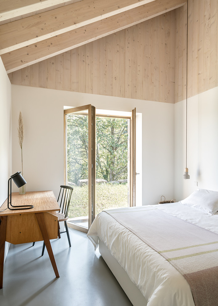 Mittelgroßes Nordisches Hauptschlafzimmer ohne Kamin mit weißer Wandfarbe, Betonboden und grauem Boden in Sonstige