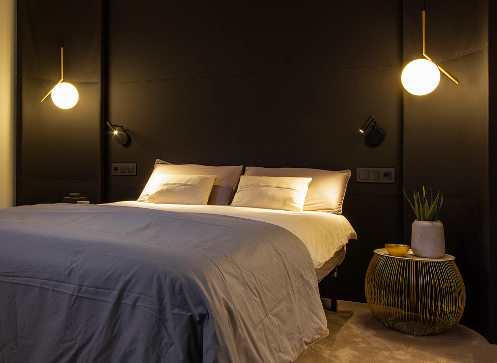 Ejemplo de habitación de invitados contemporánea pequeña con paredes blancas, moqueta y suelo gris