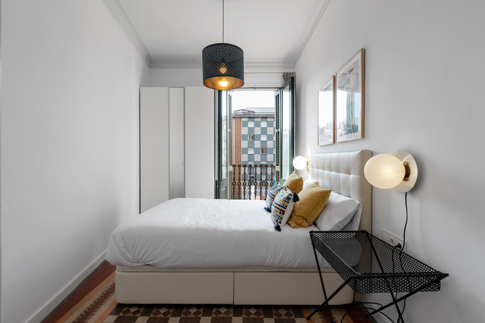 Mid-sized trendy master ceramic tile and multicolored floor bedroom photo in Barcelona with gray walls