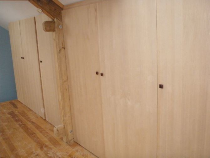 Immagine di un armadio o armadio a muro chic con ante a filo, ante in legno chiaro e parquet chiaro