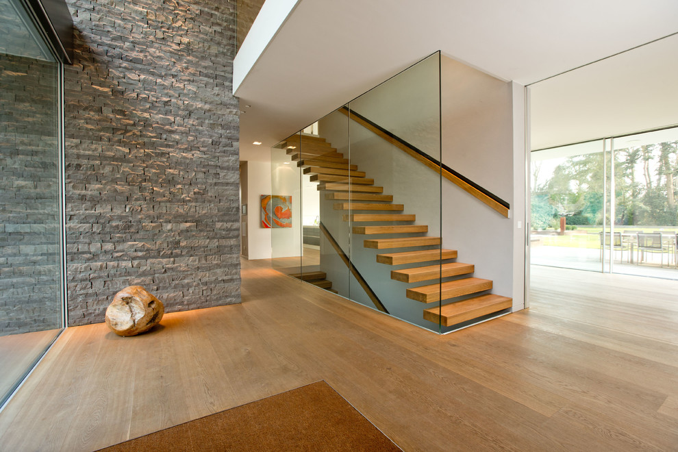 Inspiration pour un grand hall d'entrée design avec un mur blanc et un sol en bois brun.