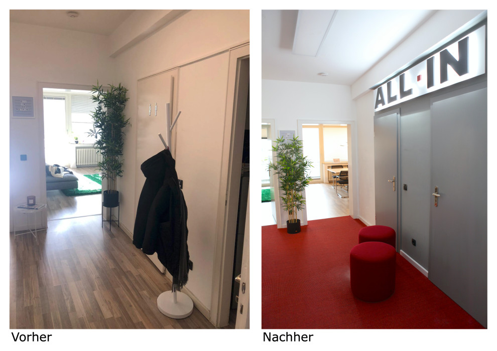 Réalisation d'une porte d'entrée design de taille moyenne avec un mur gris, moquette, une porte simple, une porte grise, un sol rouge, un plafond en papier peint et du papier peint.