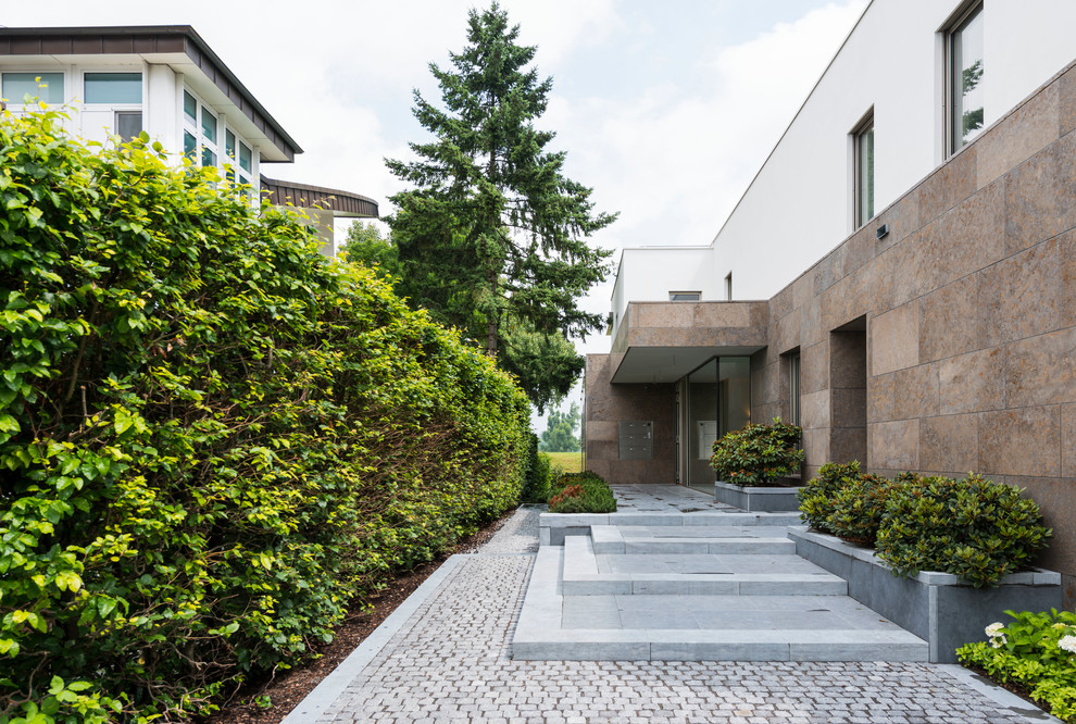 Große Moderne Haustür mit brauner Wandfarbe, Betonboden, Einzeltür und grauem Boden in Düsseldorf