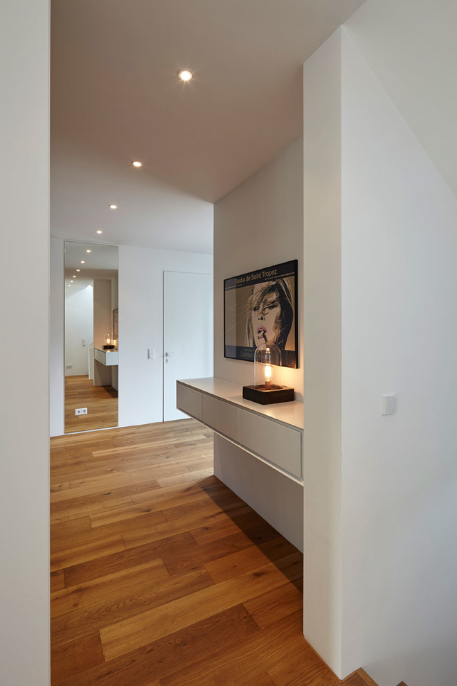 Photo of a contemporary entrance in Cologne with medium hardwood flooring, a single front door and a metal front door.