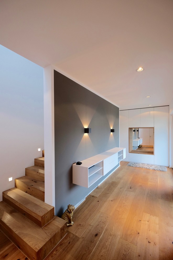 Design ideas for a medium sized modern foyer in Dusseldorf with grey walls and medium hardwood flooring.