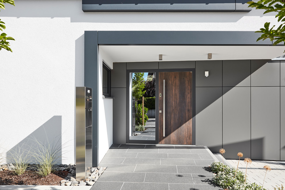 Cette image montre un grand hall d'entrée minimaliste avec un mur blanc, une porte simple, une porte en bois foncé et un sol gris.