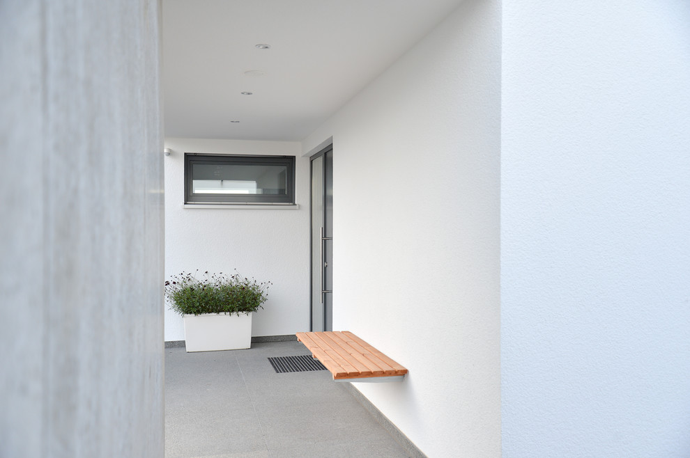 Ejemplo de puerta principal actual de tamaño medio con paredes blancas, puerta simple, puerta de vidrio y suelo de cemento