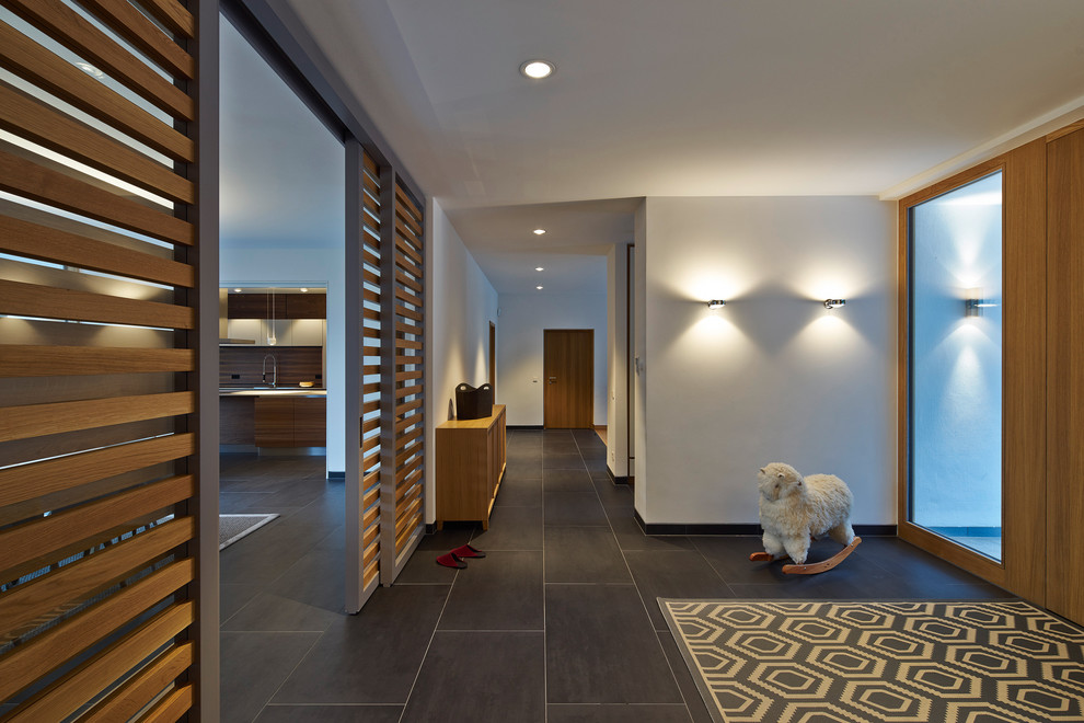 Mid-sized trendy slate floor foyer photo in Other with white walls and a medium wood front door