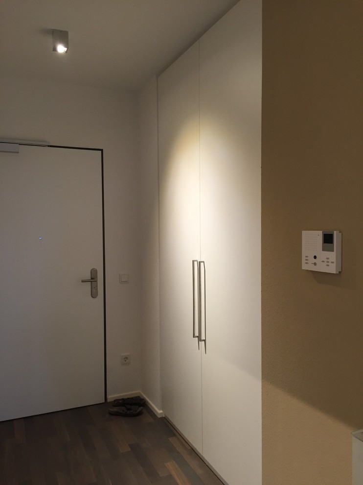 Moderner Eingang mit weißer Wandfarbe, Einzeltür und weißer Haustür in Stuttgart