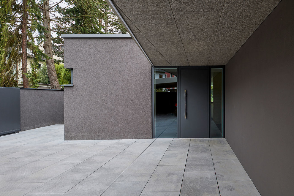 Идея дизайна: большая входная дверь в стиле модернизм с коричневыми стенами, бетонным полом, одностворчатой входной дверью, черной входной дверью и серым полом