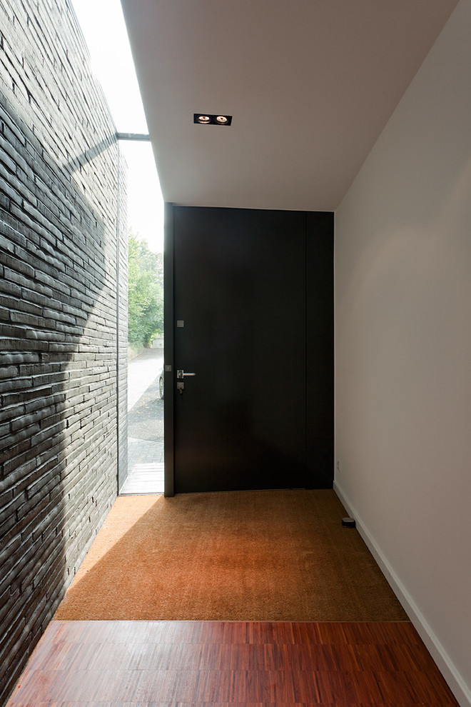 Inredning av en modern stor ingång och ytterdörr, med vita väggar, mörkt trägolv, en svart dörr och en enkeldörr