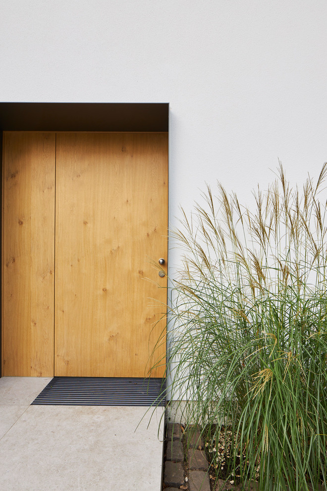 Cette image montre une entrée minimaliste avec sol en stratifié, une porte simple et une porte en bois clair.