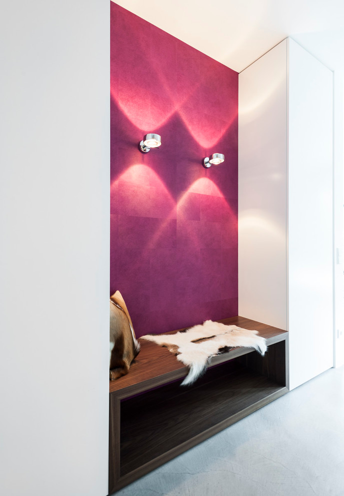 Idée de décoration pour une entrée minimaliste de taille moyenne avec un mur violet, sol en béton ciré et un sol gris.