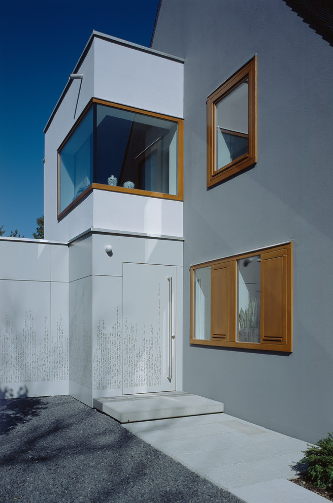 Idee per una porta d'ingresso minimal di medie dimensioni con una porta singola, pareti grigie, pavimento in cemento e una porta grigia