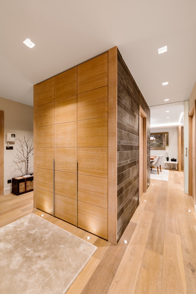 Contemporary foyer in Bilbao with beige walls, medium hardwood flooring, a single front door and a medium wood front door.