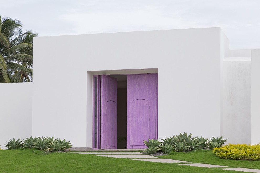 Idée de décoration pour une entrée design avec une porte double et une porte violette.
