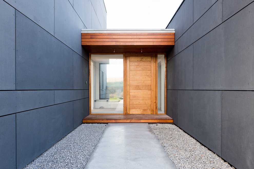 Inspiration for a medium sized modern front door in Other with black walls, dark hardwood flooring, a single front door and a medium wood front door.