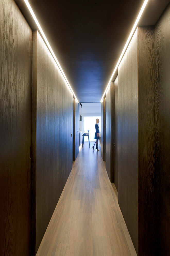 Inspiration pour un couloir minimaliste de taille moyenne avec un mur marron et parquet foncé.