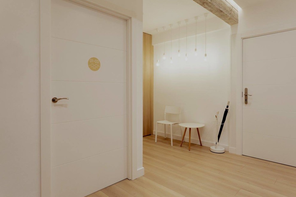 Exemple d'une entrée scandinave de taille moyenne avec un couloir, un mur blanc, parquet clair, une porte simple et une porte blanche.