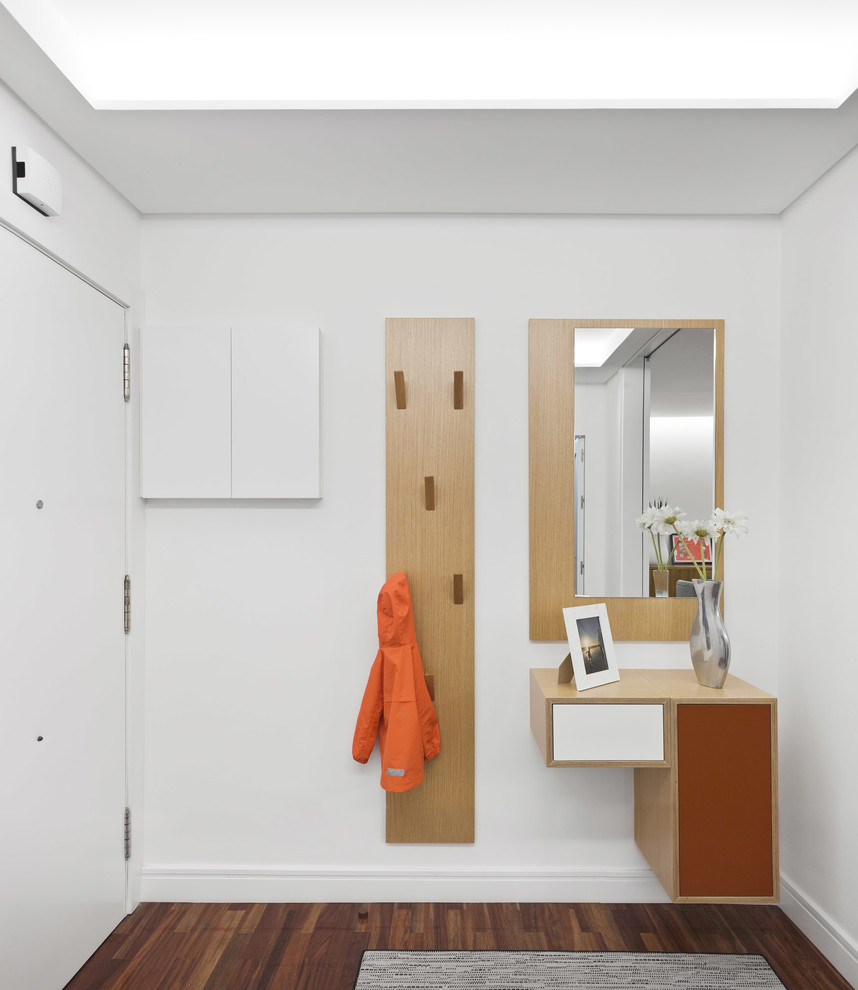 Moderner Eingang mit weißer Wandfarbe, dunklem Holzboden, Einzeltür, weißer Haustür und braunem Boden in Sonstige