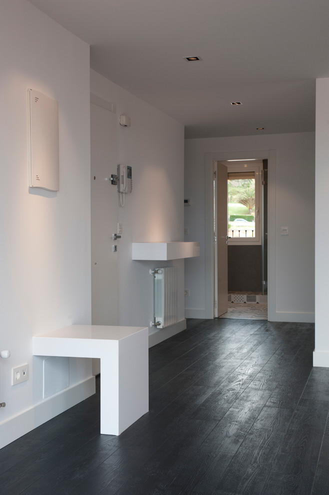 Diseño de puerta principal minimalista de tamaño medio con paredes blancas, suelo de madera oscura, puerta simple y puerta blanca
