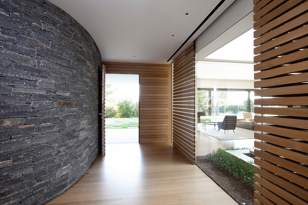 Foto di un corridoio minimal di medie dimensioni con parquet chiaro, una porta singola e una porta in legno bruno