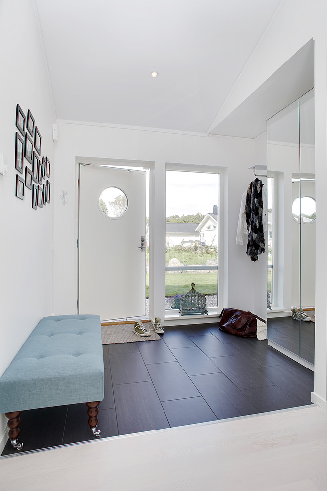 Идея дизайна: узкая прихожая среднего размера в скандинавском стиле с белыми стенами, темным паркетным полом, одностворчатой входной дверью и белой входной дверью