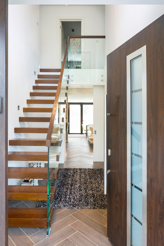 Entryway - mid-sized contemporary ceramic tile and brown floor entryway idea in Other with white walls and a metal front door