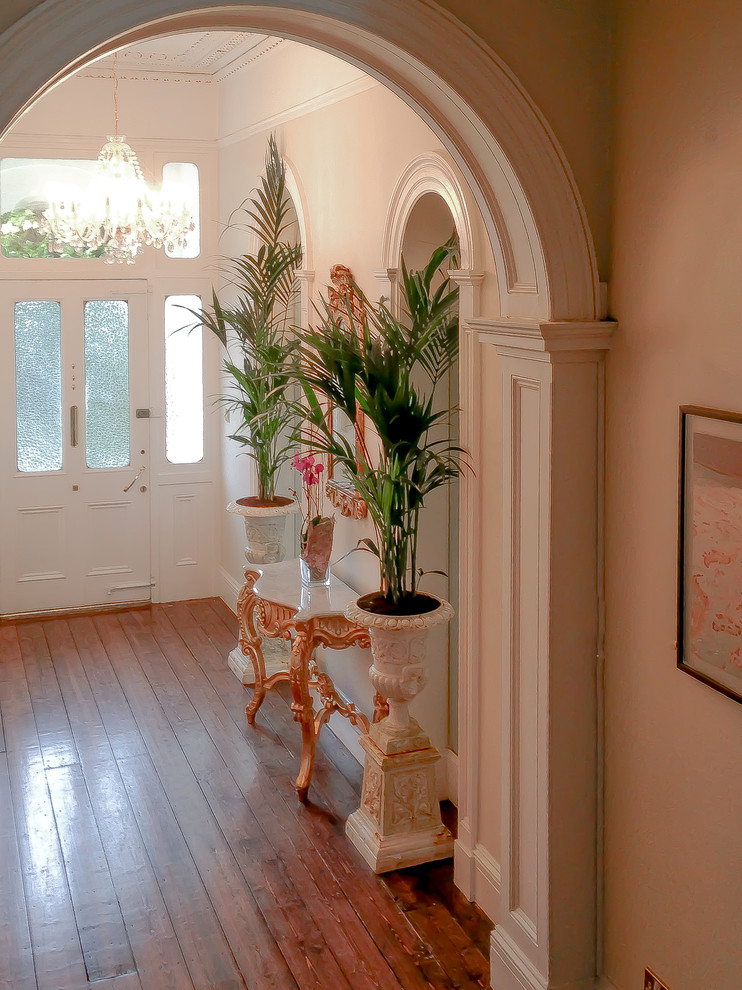 This is an example of a large bohemian hallway in Other with dark hardwood flooring and a single front door.