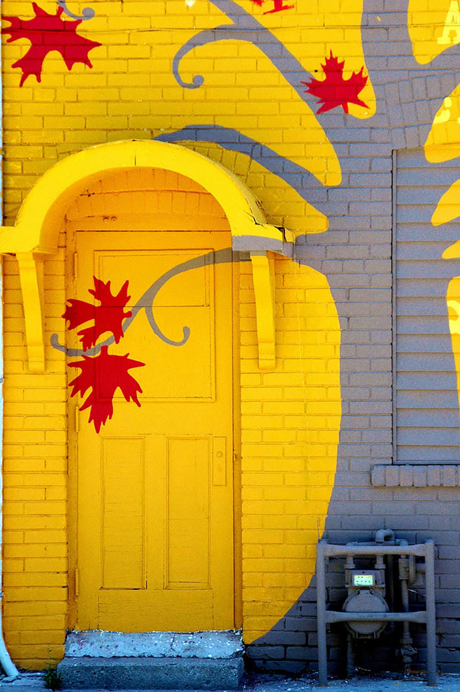 Cette image montre une porte d'entrée bohème avec un mur multicolore, une porte simple et une porte métallisée.