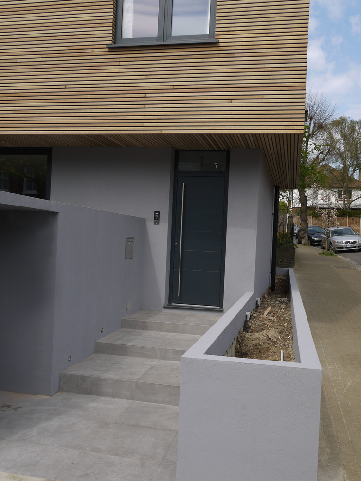 Стильный дизайн: маленькая входная дверь в современном стиле с серыми стенами, бетонным полом, одностворчатой входной дверью и серой входной дверью для на участке и в саду - последний тренд