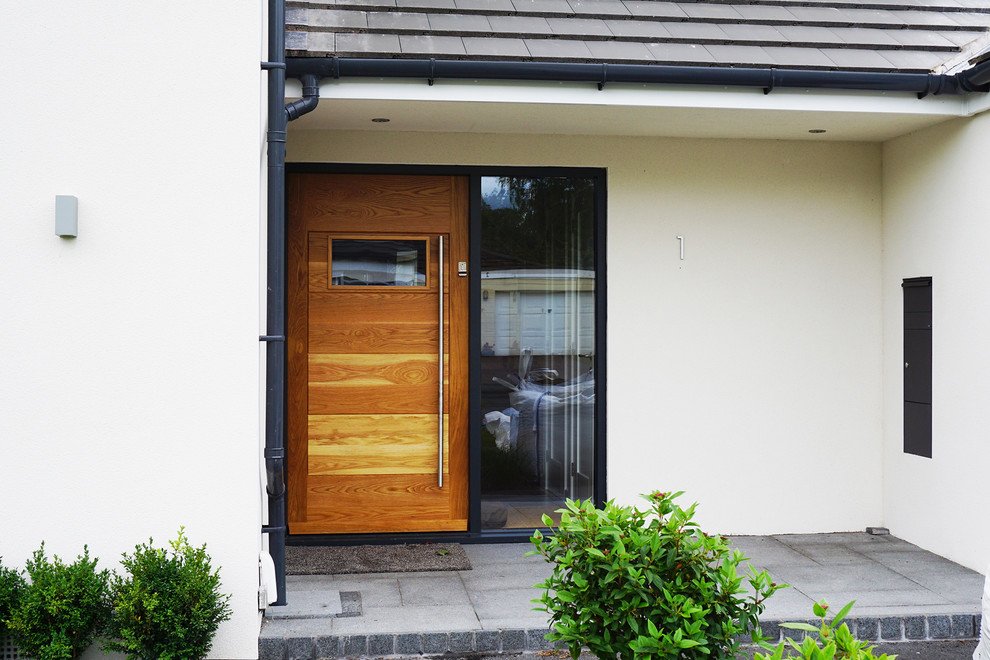 Design ideas for a medium sized contemporary front door in Other with white walls, a single front door, a medium wood front door and grey floors.