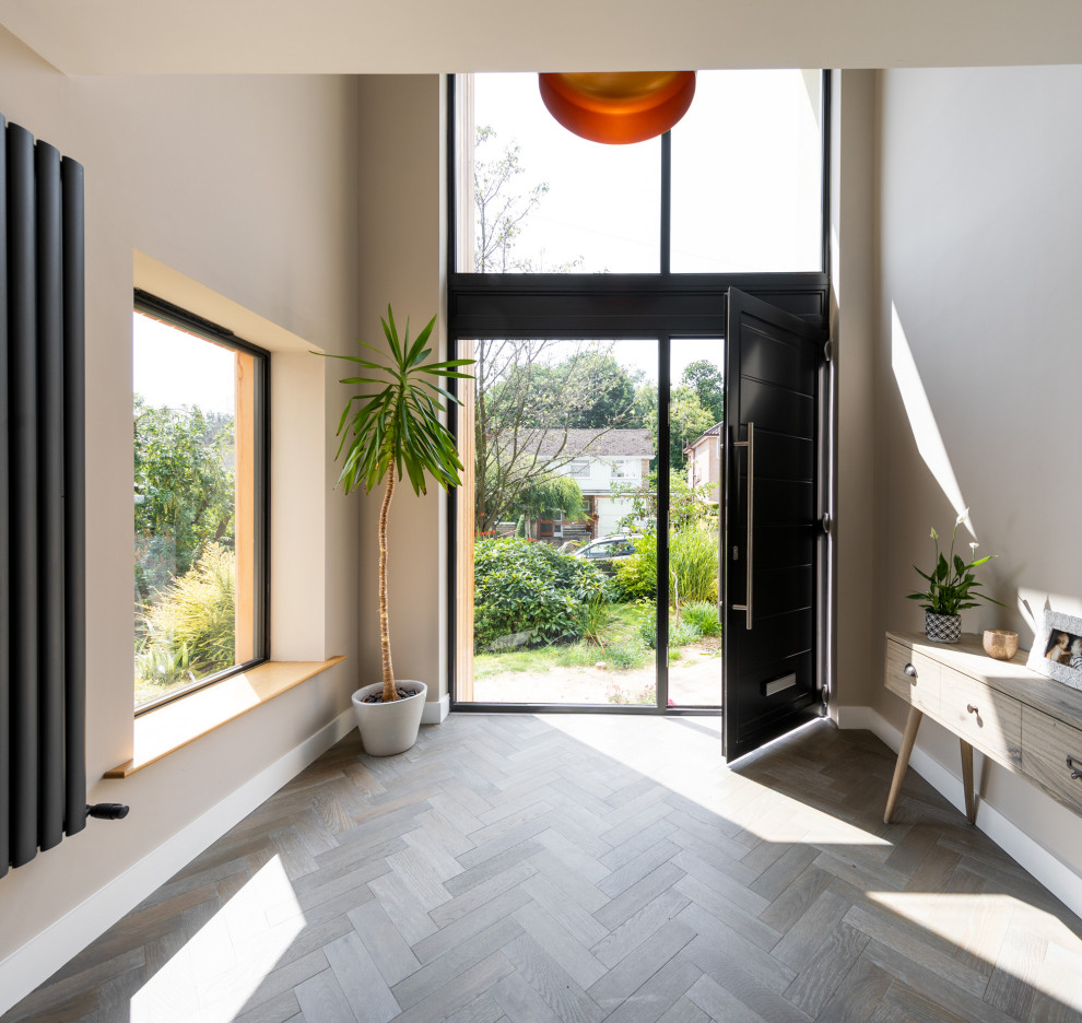 Diseño de puerta principal contemporánea de tamaño medio con paredes blancas, suelo de madera en tonos medios, puerta simple, puerta negra y suelo gris