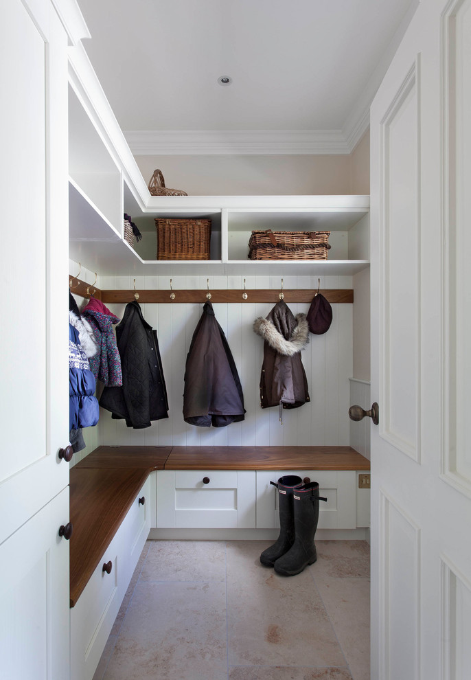 Mudroom - large country ceramic tile and gray floor mudroom idea in Belfast
