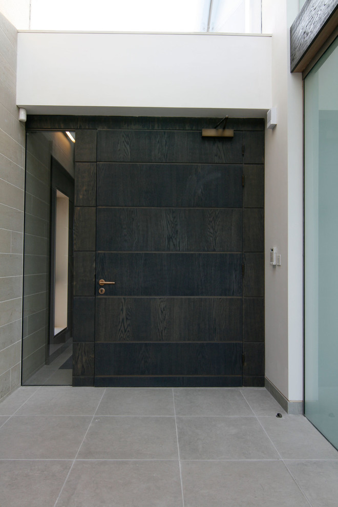 Пример оригинального дизайна: входная дверь в современном стиле с белыми стенами и входной дверью из темного дерева