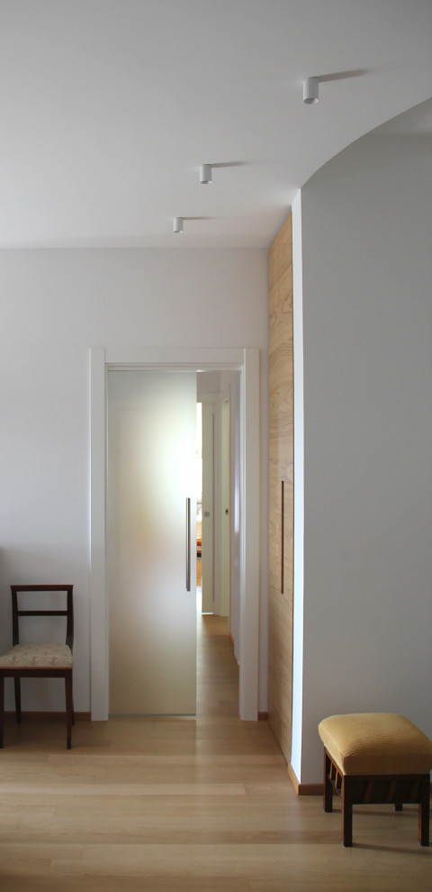 Imagen de hall actual grande con paredes blancas, suelo de madera clara, puerta simple y puerta blanca