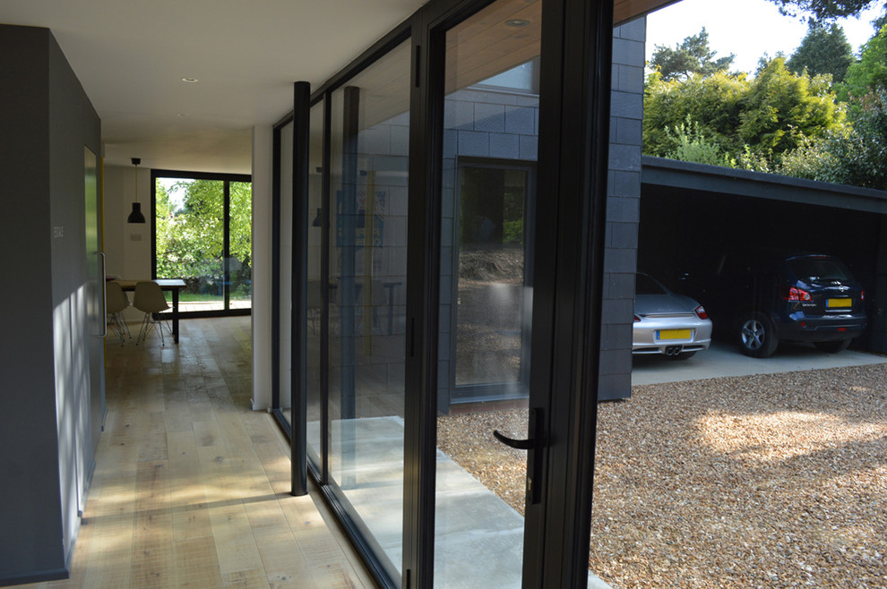 Immagine di una porta d'ingresso minimal di medie dimensioni con pareti grigie, parquet chiaro, una porta singola e una porta in vetro