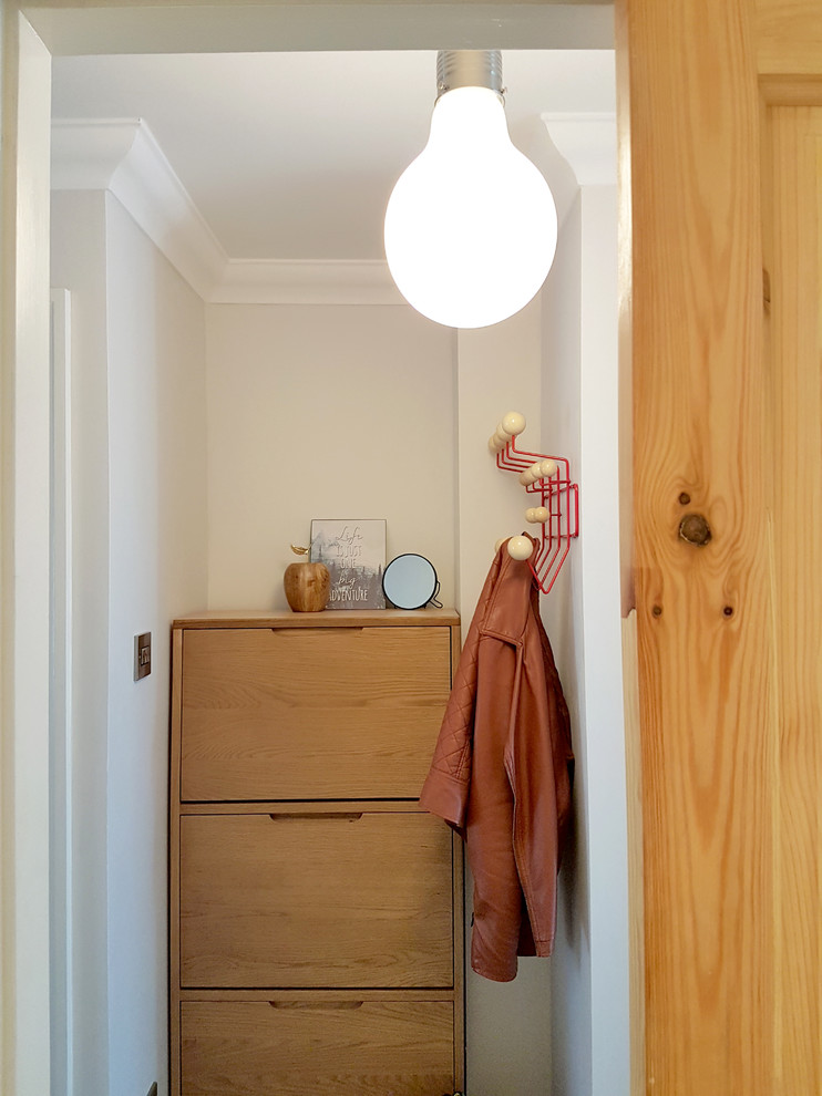 Ejemplo de hall minimalista pequeño con paredes grises, suelo de madera oscura, puerta simple, puerta blanca y suelo negro