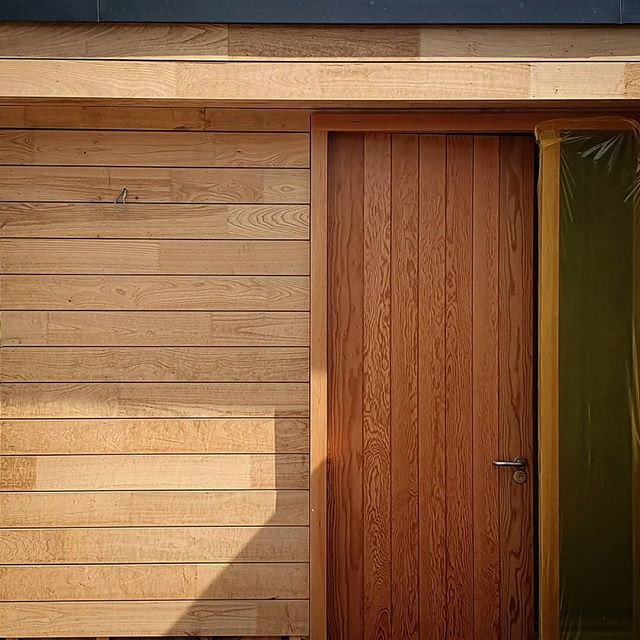 Пример оригинального дизайна: входная дверь среднего размера в современном стиле с коричневыми стенами, паркетным полом среднего тона, одностворчатой входной дверью, входной дверью из дерева среднего тона и коричневым полом