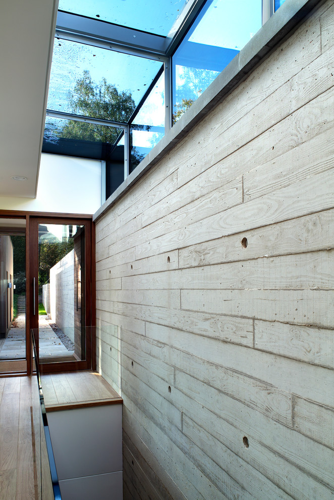 Cette photo montre une entrée moderne de taille moyenne avec un couloir, un sol en bois brun, une porte simple et une porte en verre.