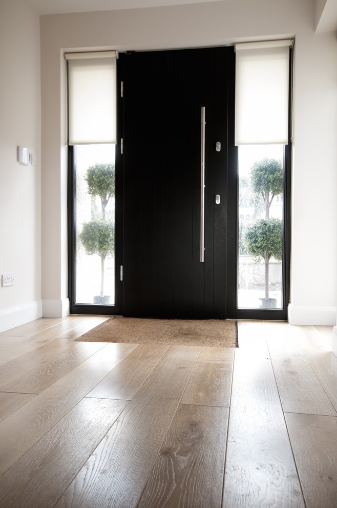 Mittelgroße Moderne Haustür mit weißer Wandfarbe, braunem Holzboden, Drehtür und schwarzer Haustür in Dublin