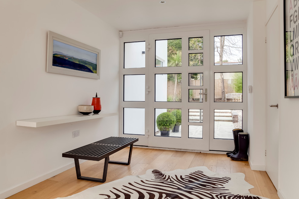 Modernes Foyer mit weißer Wandfarbe, hellem Holzboden, Einzeltür und Haustür aus Glas in Sussex