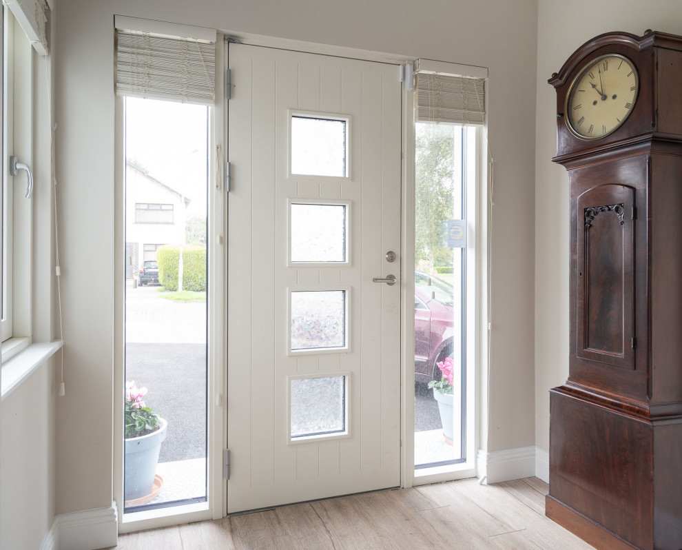 Источник вдохновения для домашнего уюта: входная дверь среднего размера в стиле модернизм с белыми стенами и коричневым полом