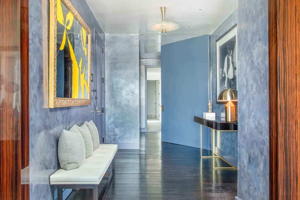 Ispirazione per un ingresso con vestibolo minimal con pareti blu, parquet scuro, una porta singola, una porta blu e pavimento marrone