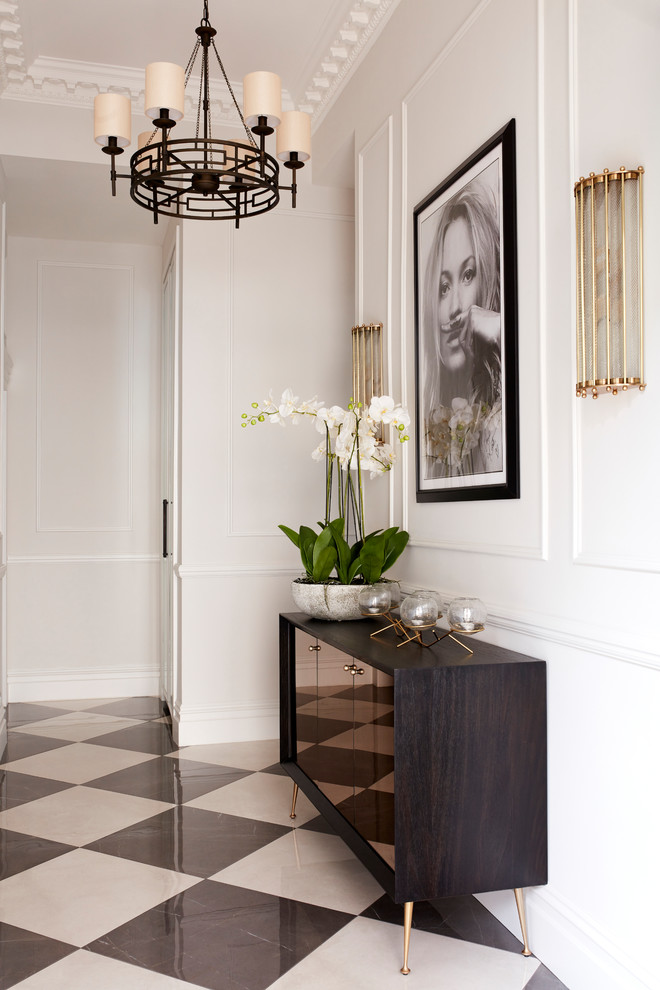 Photo of a medium sized traditional foyer in London with beige walls, porcelain flooring, a single front door, a green front door and multi-coloured floors.