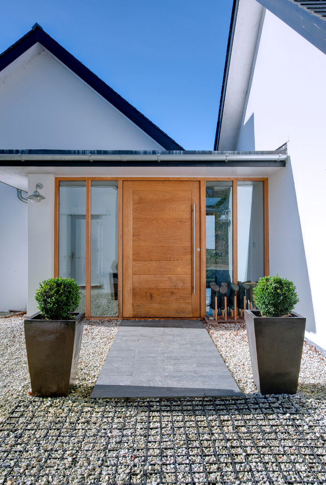 Ejemplo de puerta principal actual con puerta simple y puerta de madera en tonos medios