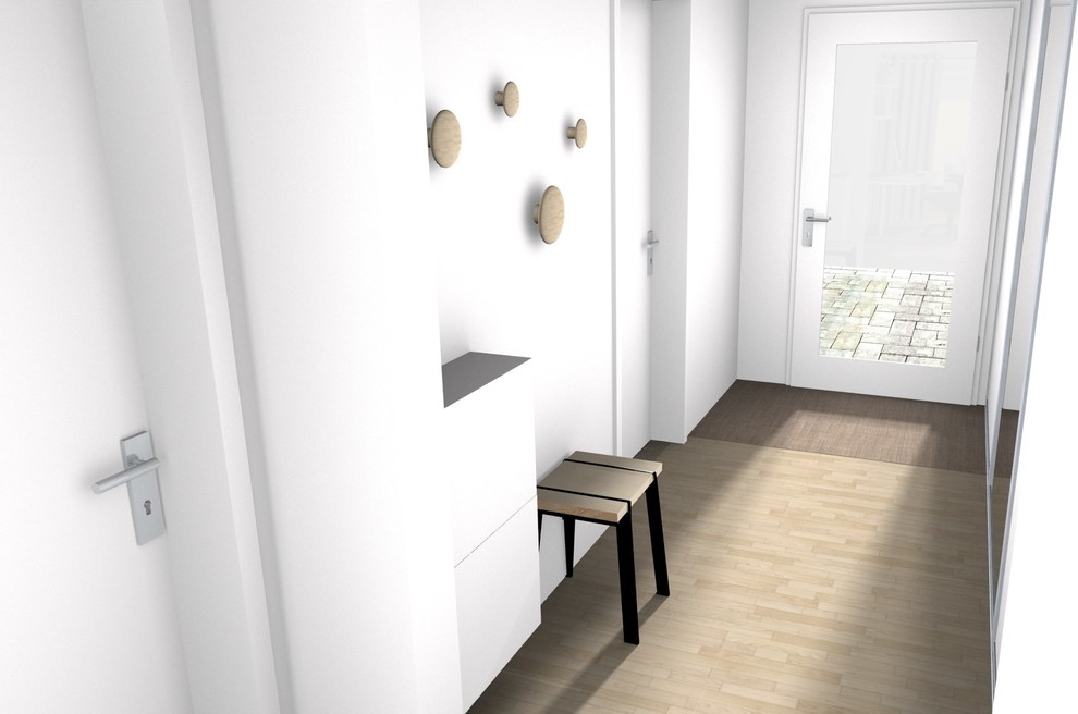 Réalisation d'une entrée minimaliste de taille moyenne avec un vestiaire, un mur blanc, parquet clair, une porte simple et une porte blanche.