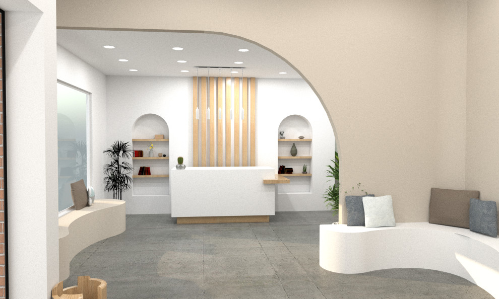 Idée de décoration pour un grand hall d'entrée méditerranéen avec un mur beige, un sol gris et un plafond en bois.